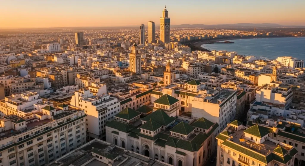 Vue aérienne d'une ville marocaine représentant les variations de prix IRM selon la région