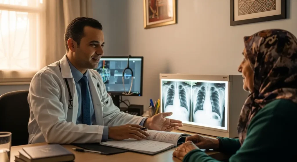 Consultation pneumologique au Maroc - médecin expliquant traitement fibrose pulmonaire à un patient