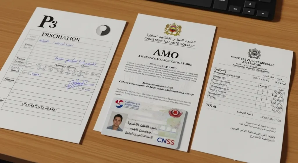 Documents d'assurance maladie marocaine CNSS et attestations médicales