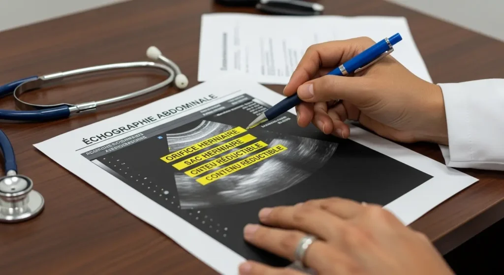 Exemple de compte-rendu radiologique déchographie pour hernie abdominale avec terminologie médicale expliquée