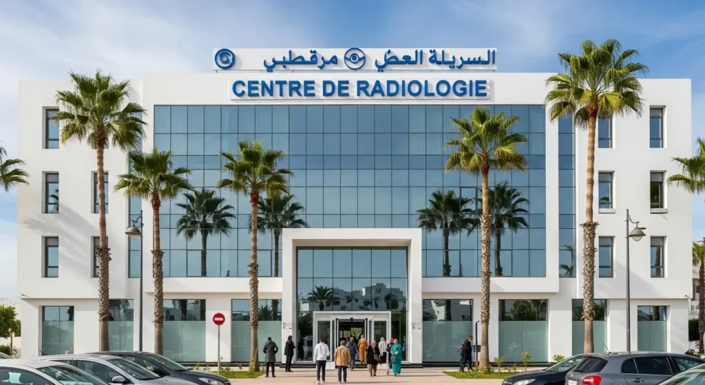 Façade d'un centre de radiologie moderne à Agadir avec signalisation bilingue
