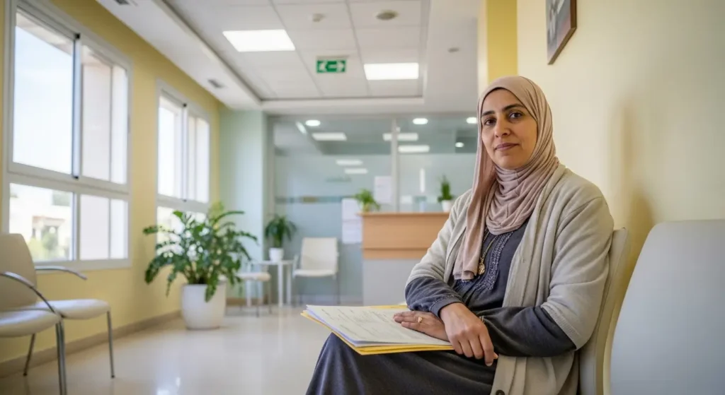 Femme marocaine en hijab attendant son rendez-vous de mammographie avec ses documents médicaux