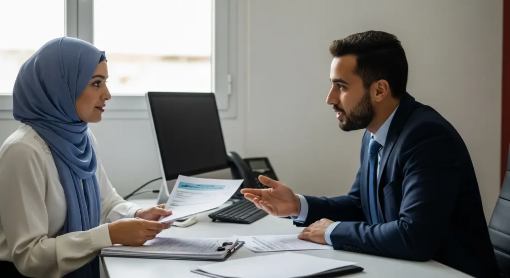 Femme marocaine en hijab discutant du remboursement AMO CNSS pour une mammographie