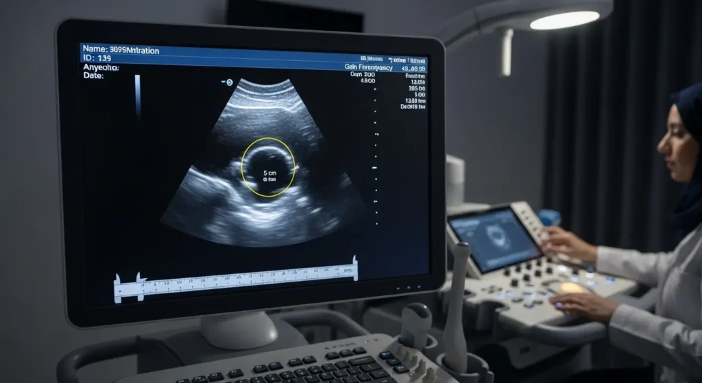 Image échographique dun kyste ovarien fonctionnel simple à paroi fine visible à lécran