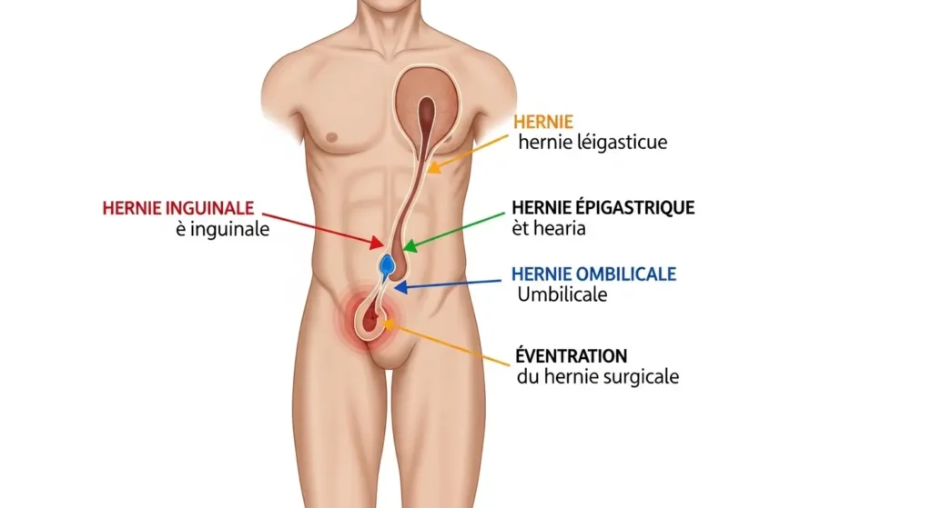 Localisation des quatre types principaux de hernies abdominales inguinale, ombilicale, épigastrique et éventration