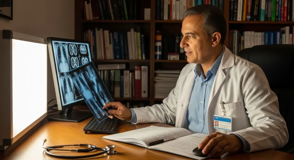 Médecin analysant les résultats d'un examen radiologique pour son patient à Marrakech