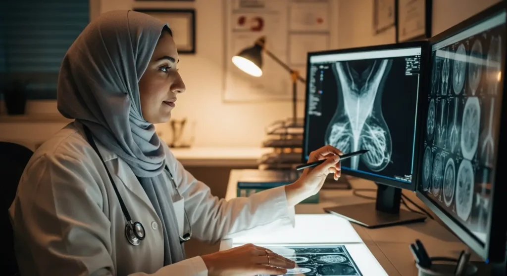 Médecin femme en hijab analysant les résultats d'une mammographie sur écran dans une clinique marocaine