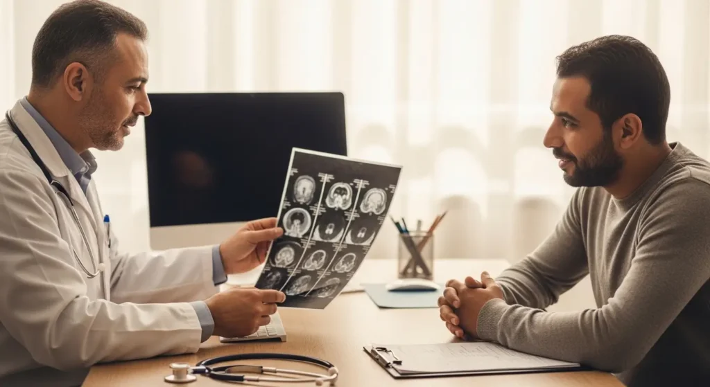 Médecin marocain expliquant les résultats d'IRM à sa patiente lors d'une consultation post-examen à Marrakech
