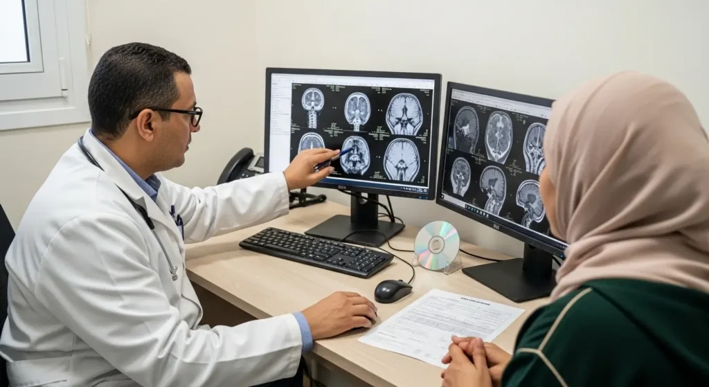 Médecin marocain expliquant les résultats d'IRM à son patient sur écran médical