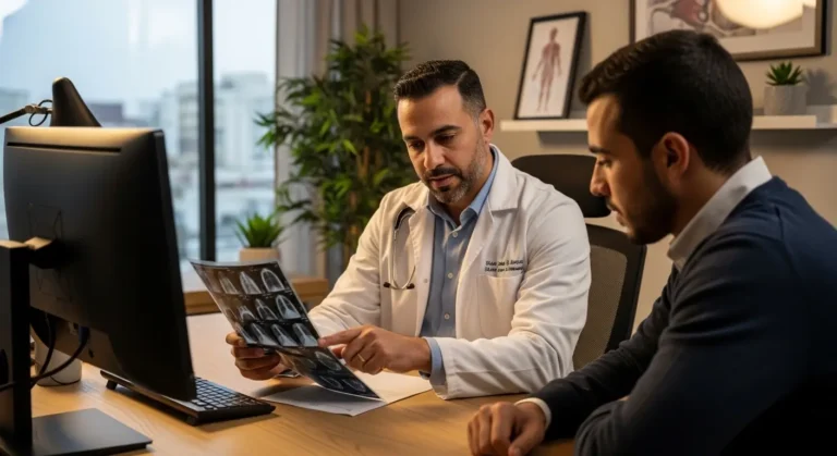 Médecin marocain expliquant les résultats d'une radio pulmonaire à son patient lors d'une consultation médicale à Casablanca