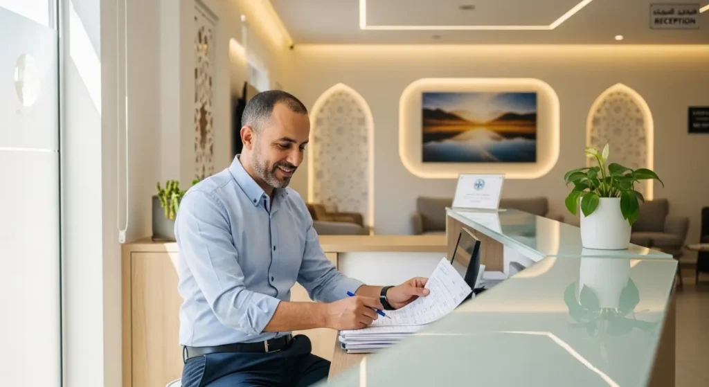 Patient consultant les tarifs d'une mammographie à l'accueil d'une clinique à Marrakech