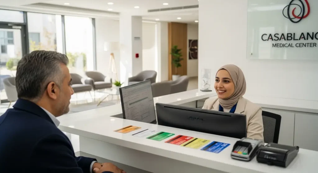 Patient marocain discutant de la couverture d'assurance à la réception d'un centre médical
