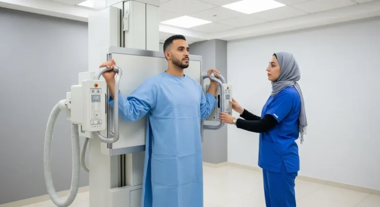 Patient marocain positionné devant un appareil de radiographie pulmonaire lors d'un examen dans une clinique de Casablanca
