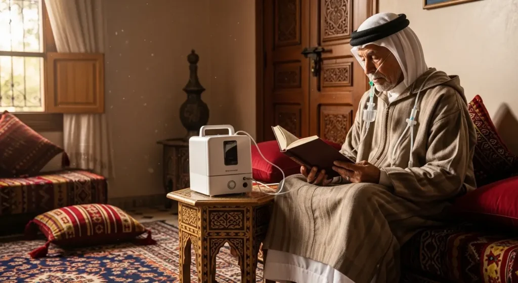 Patient marocain utilisant oxygénothérapie à domicile pour fibrose pulmonaire - maintien autonomie et qualité de vie