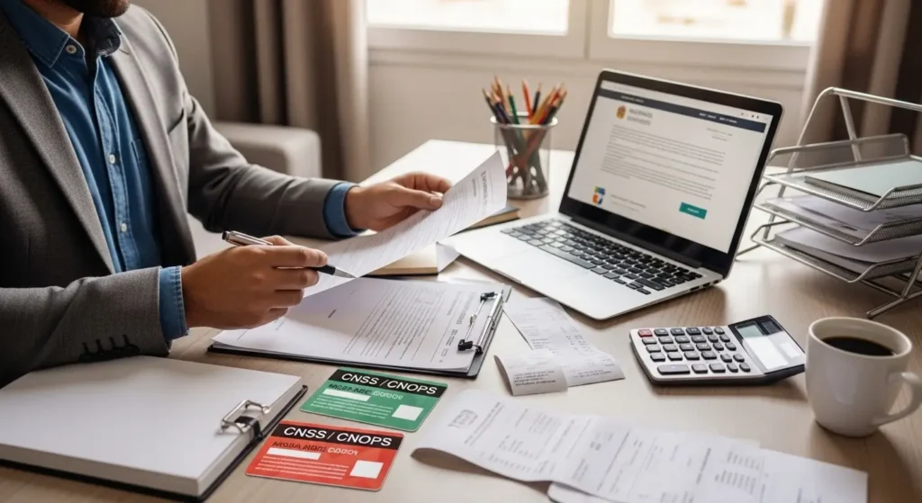 Patient marocain vérifiant documents d'assurance CNSS CNOPS pour remboursement IRM - Planification financière médicale