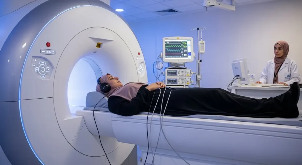 Patient passant un examen IRM - Vue du tunnel de l'appareil d'imagerie médicale