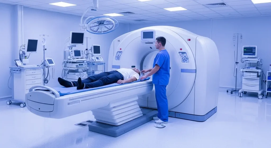 Patient préparé pour scanner thoracique dans centre d'imagerie moderne au Maroc