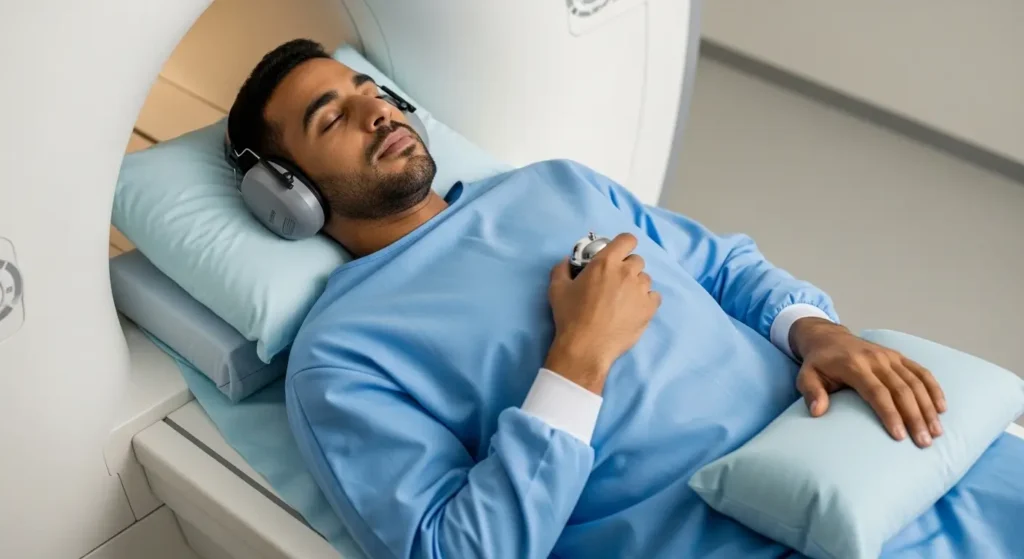 Patiente installée confortablement dans une machine IRM à Marrakech avec casque antibruit et poire d'alarme