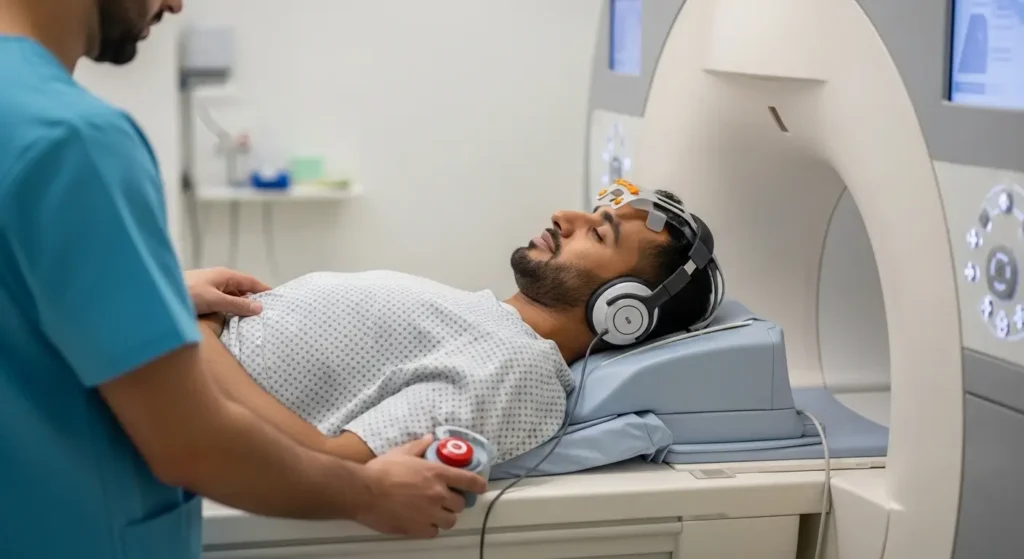 Patiente marocaine confortablement installée pour examen IRM cérébral avec casque antibruit
