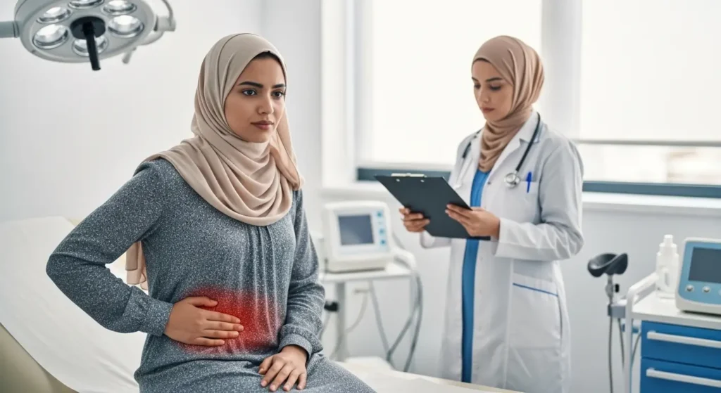 Patiente marocaine consultant pour douleurs pelviennes liées à un kyste ovarien
