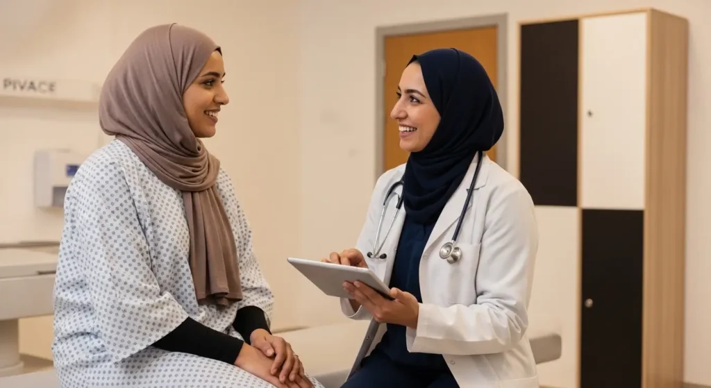 Patiente marocaine préparant son examen IRM avec assistance d'une manipulatrice radio