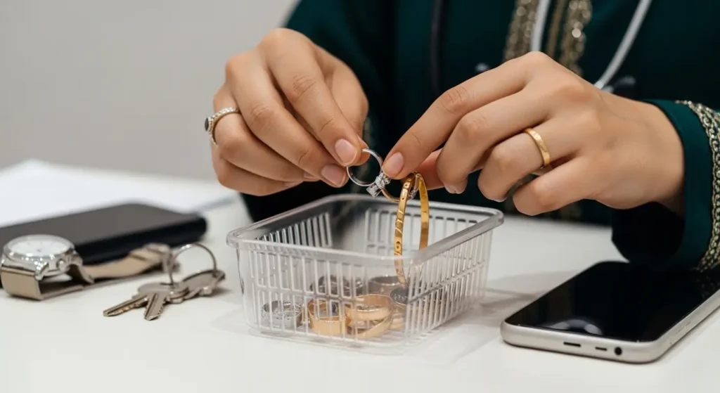Patiente retirant ses bijoux et objets métalliques avant un examen IRM à Marrakech - préparation obligatoire