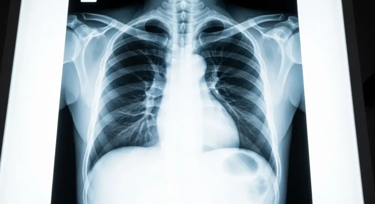 Radiographie pulmonaire normale affichée sur un négatoscope médical montrant les poumons et le cœur