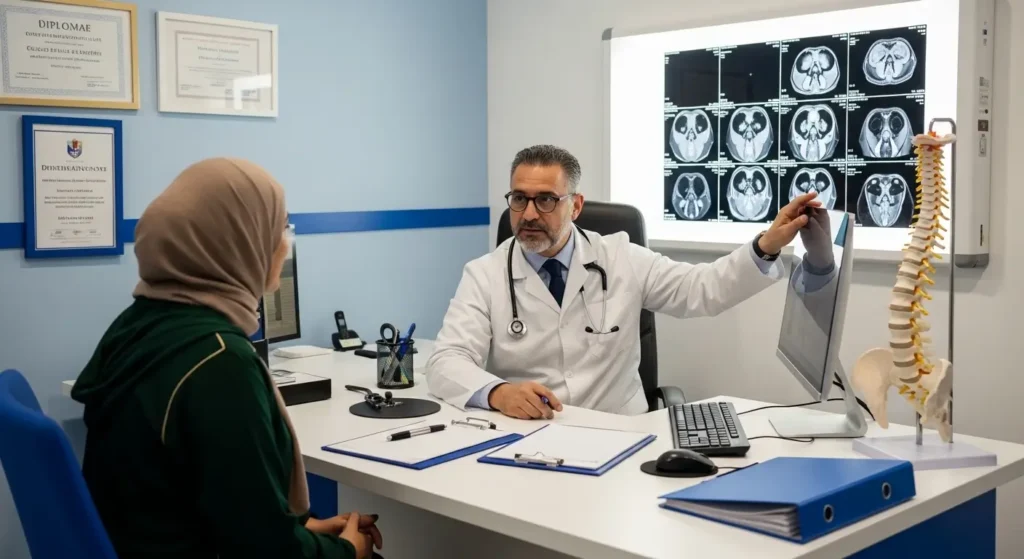 Radiologue à Rabat expliquant résultats IRM à un patient - Consultation médicale professionnelle et rassurante