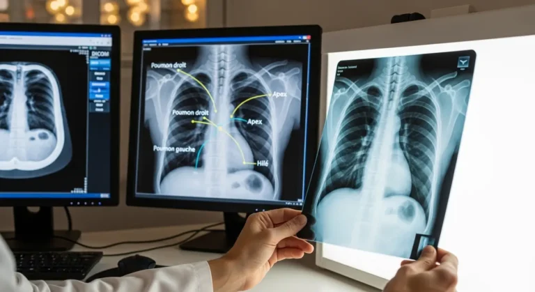 Radiologue examinant de près une radio pulmonaire avec des annotations médicales visibles sur un écran de radiologie numérique