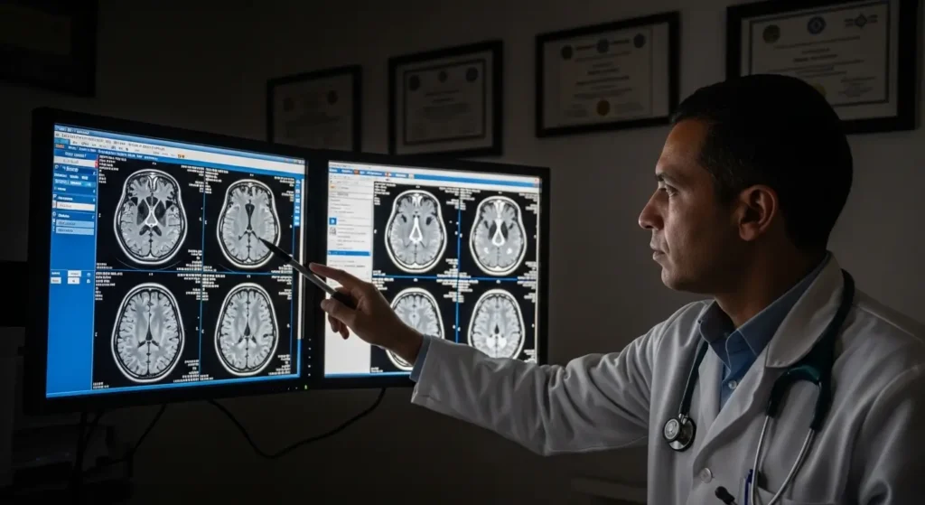 Radiologue expérimenté de Tanger analysant des images IRM cérébrales sur écran médical haute définition
