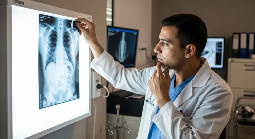 Radiologue marocain analysant une radiographie abdominale ASP pour diagnostic docclusion intestinale