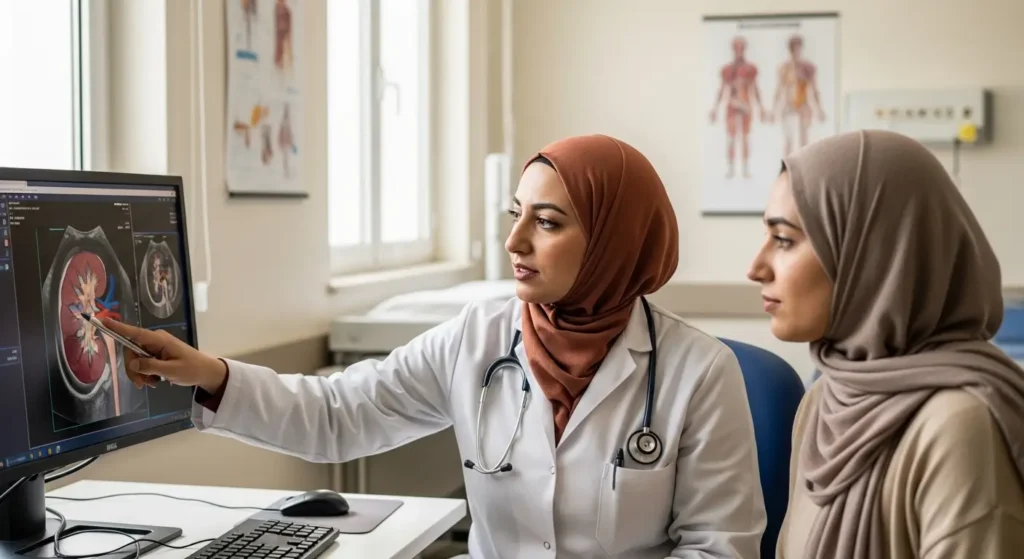 Radiologue marocain expliquant classification Bosniak des kystes rénaux au patient