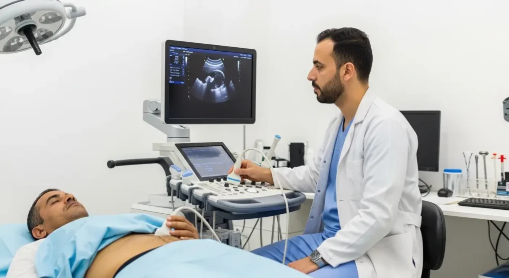 Radiologue marocain réalisant une échographie abdominale à Casablanca