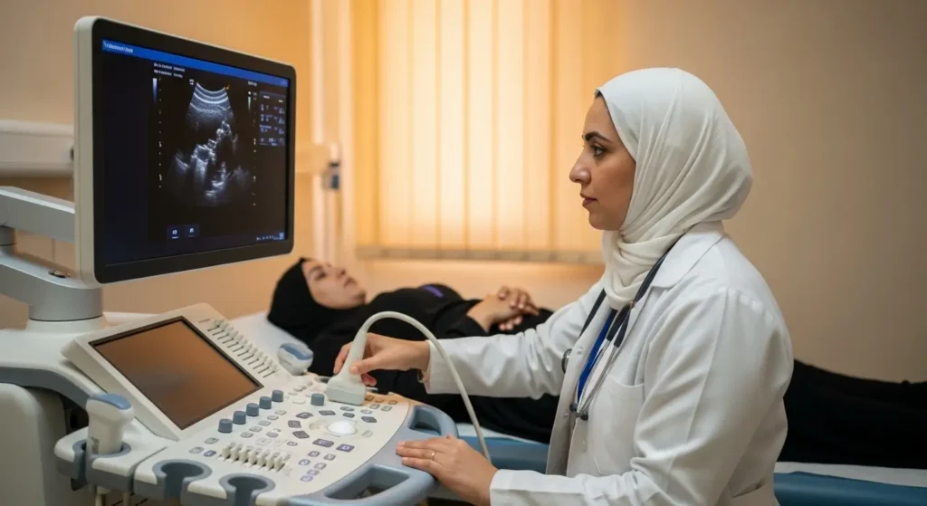 Radiologue réalisant une échographie abdominale dans un cabinet de radiologie à Marrakech