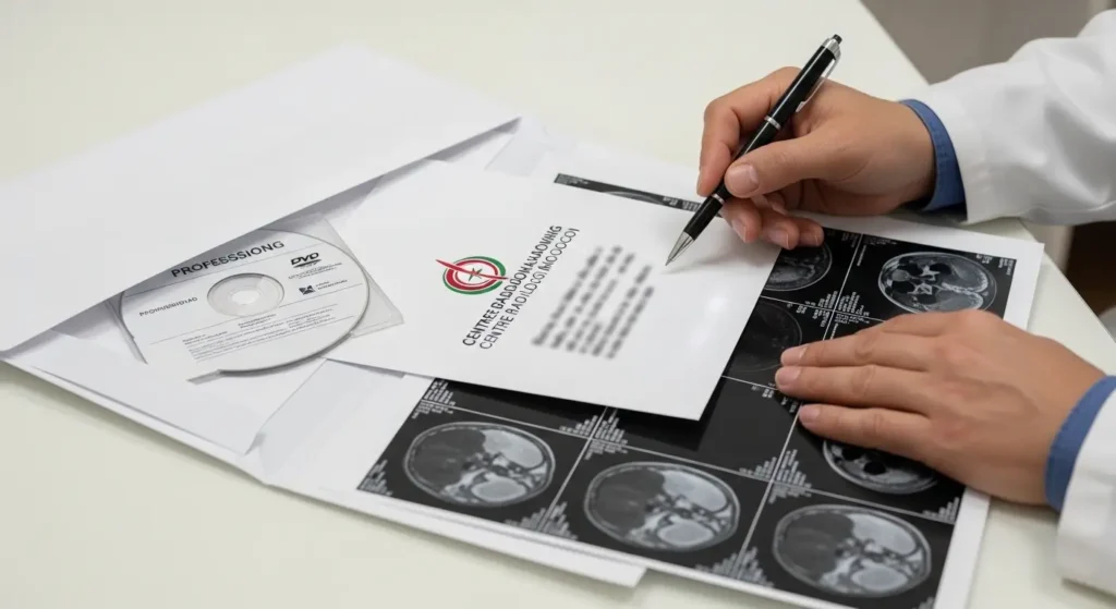 Résultats d'IRM à Marrakech enveloppe avec compte rendu médical, CD d'images et films radiologiques