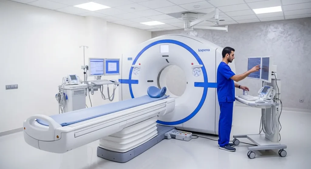 Scanner abdominal moderne dans un centre de radiologie au Maroc pour diagnostic de hernie complexe