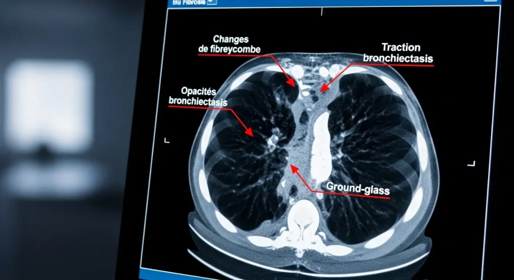 Scanner thoracique montrant aspect en rayon de miel caractéristique de la fibrose pulmonaire idiopathique