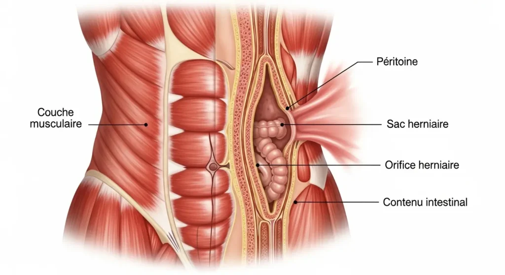 Schéma anatomique dune hernie abdominale montrant le sac herniaire et lorifice pariétal