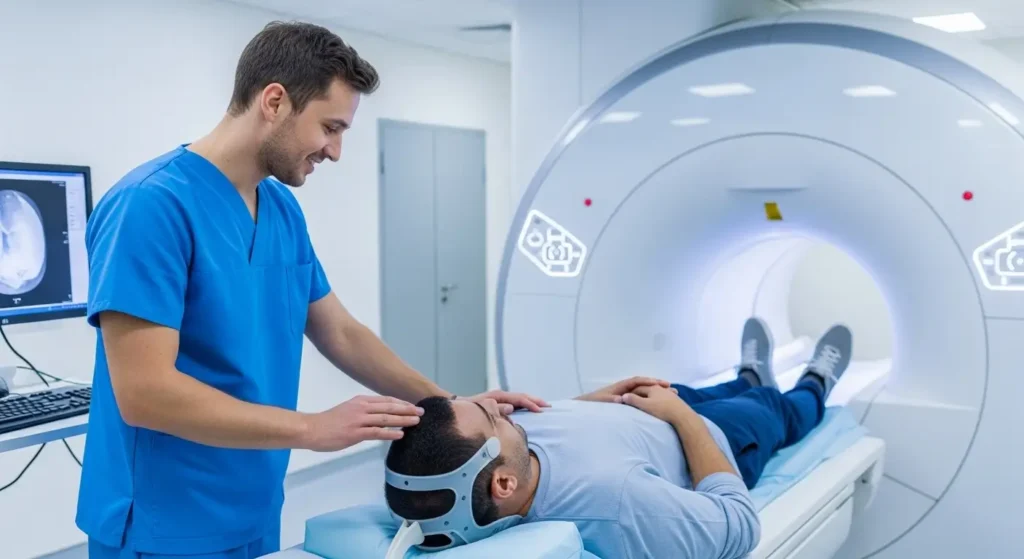 Technicien médical installant un patient pour un examen IRM à Casablanca