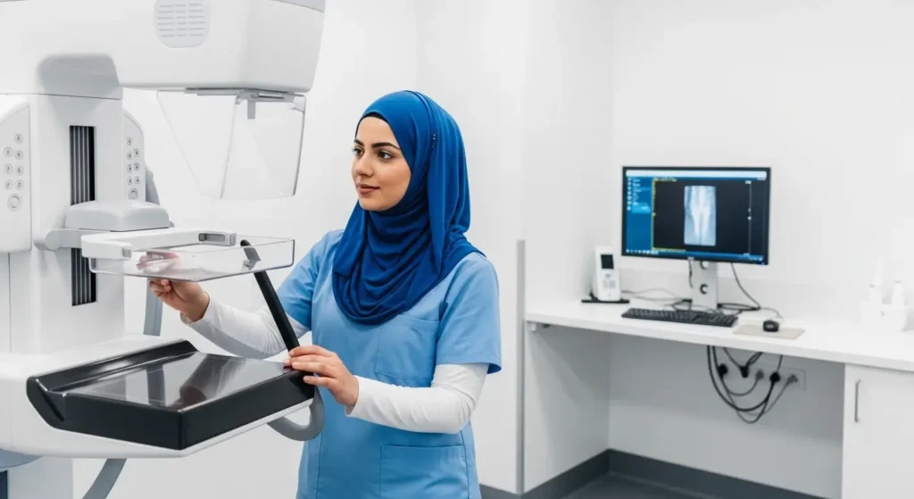 Technicienne en radiologie portant le hijab préparant un mammographe numérique dans un centre de radiologie