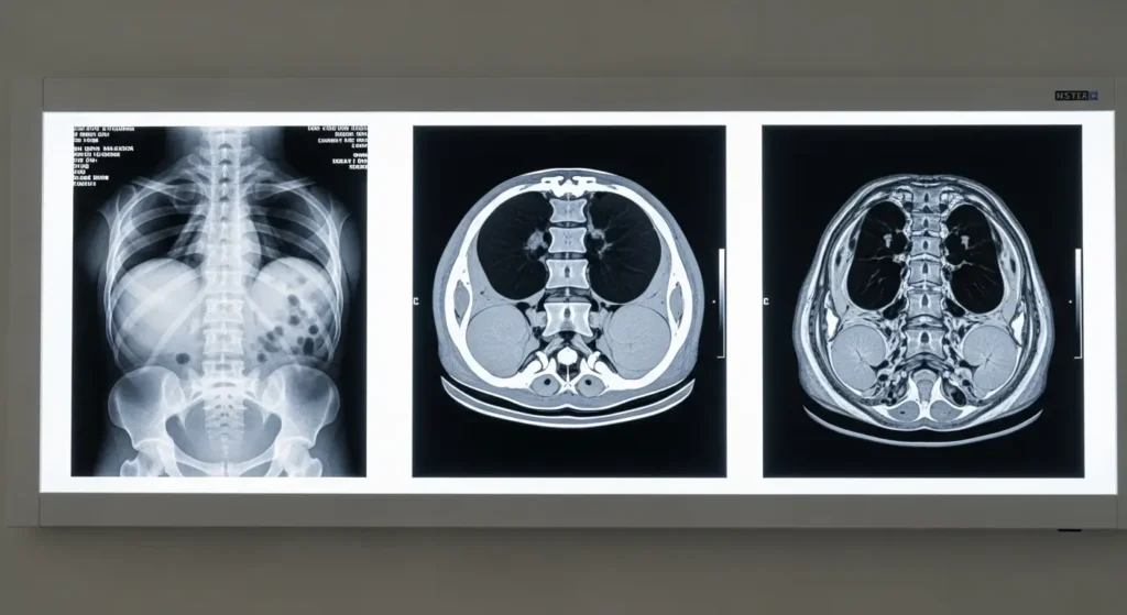 comparaison entre radiographie scanner TDM et IRM lombaire sur écran radiologique