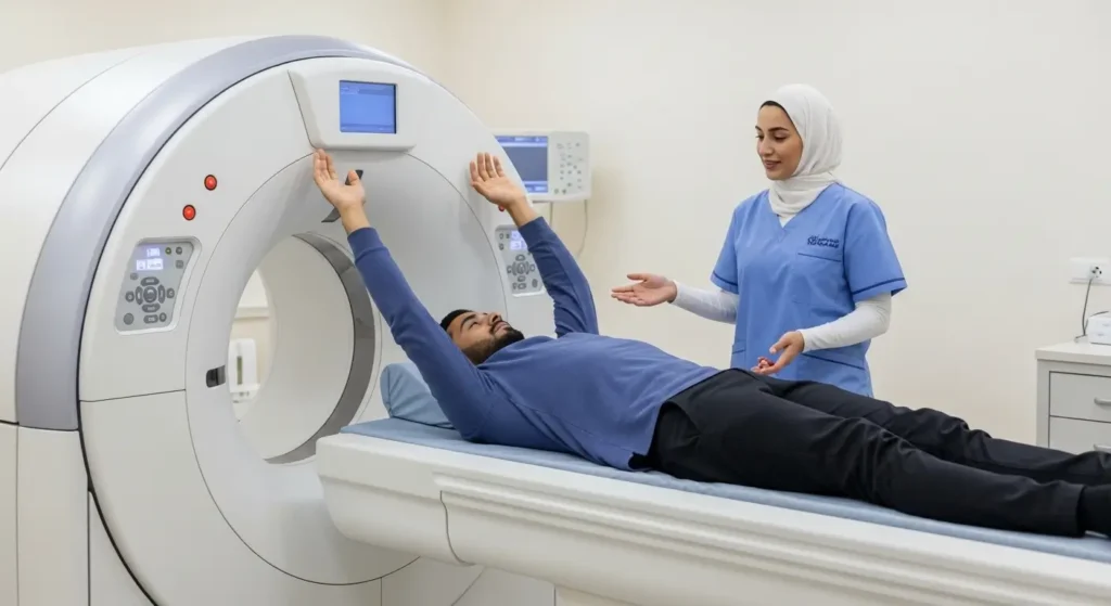déroulement scanner lombaire patient marocain entrant dans anneau tomodensitomètre