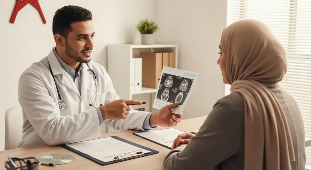 médecin marocain expliquant résultats tomodensitométrie lombaire à sa patiente en consultation