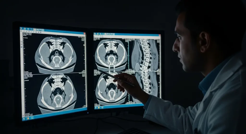 radiologue marocain interprétant images scanner lombaire sur écran résultats tomodensitométrie